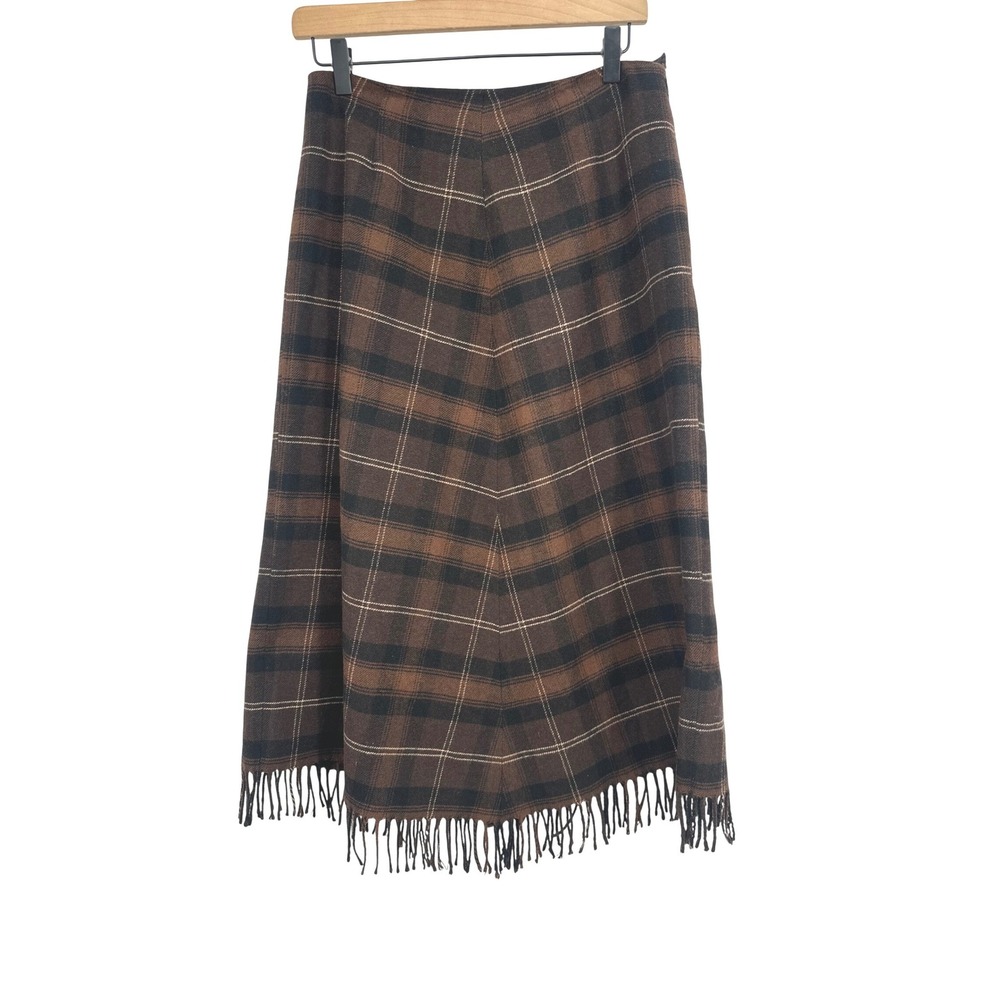Vtg Marconi Wool Blend Skirt 6 Brown Plaid Fringe Midi Maxi Made in Italy Preppy